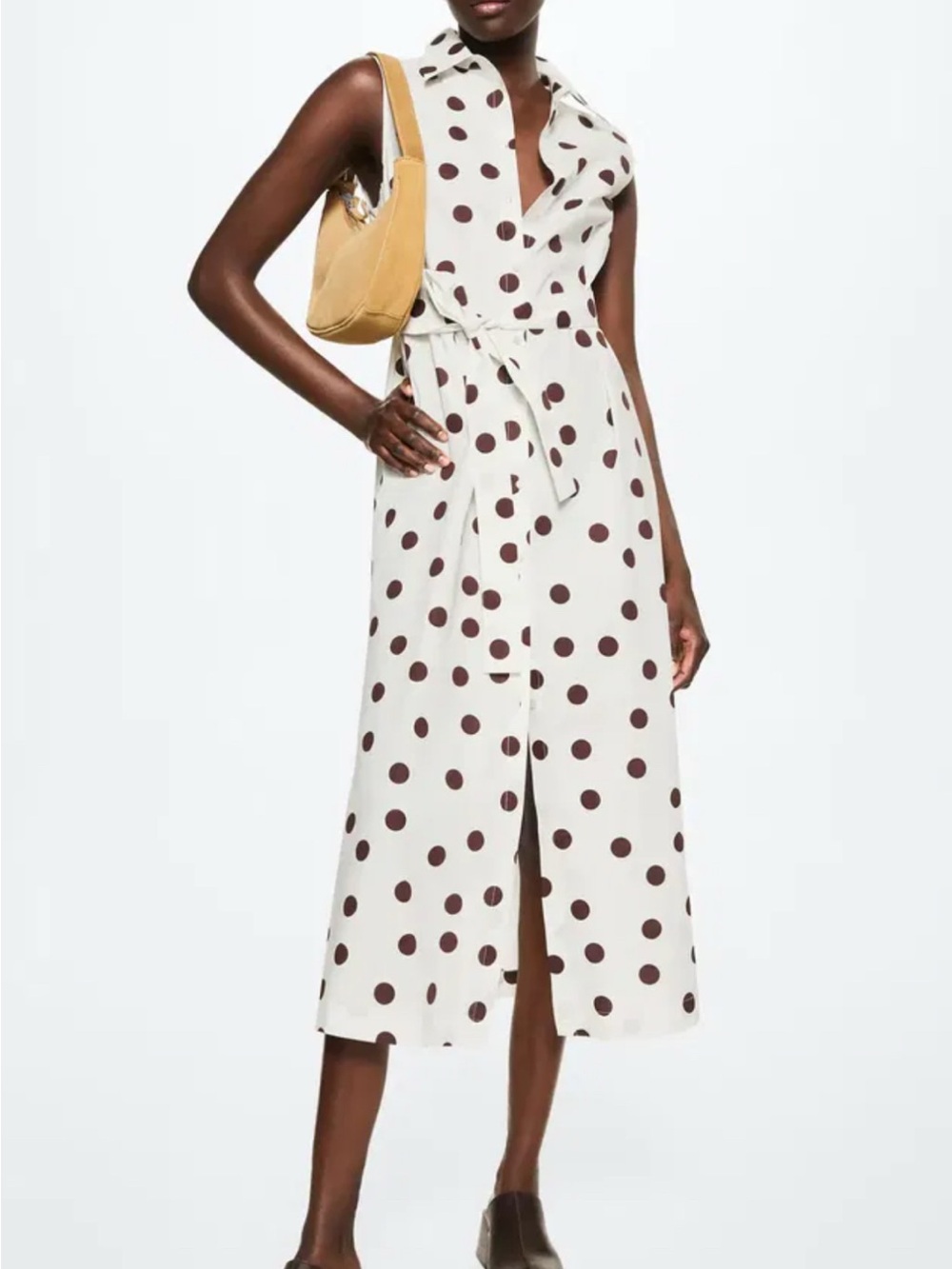 Mango Sleeveless Cream Midi Dress with Brown Polka Dots